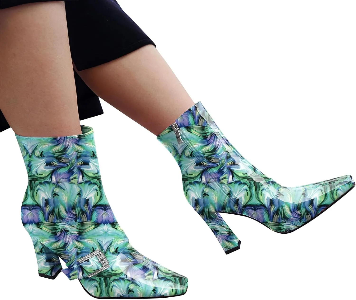 Ankle Boots Chunky High Heel Black Booties Closed Square Toe Short Boot with Side Zipper 4 Inches Heel Crocodile Pattern for Women Ladies Sexy