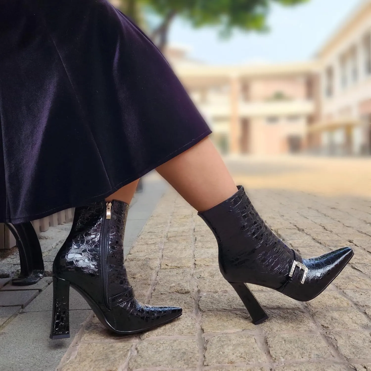 Ankle Boots Chunky High Heel Black Booties Closed Square Toe Short Boot with Side Zipper 4 Inches Heel Crocodile Pattern for Women Ladies Sexy