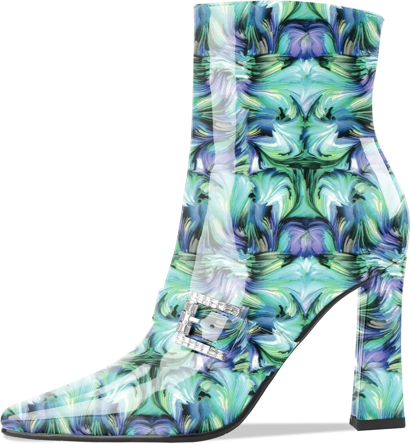 Ankle Boots Chunky High Heel Black Booties Closed Square Toe Short Boot with Side Zipper 4 Inches Heel Crocodile Pattern for Women Ladies Sexy