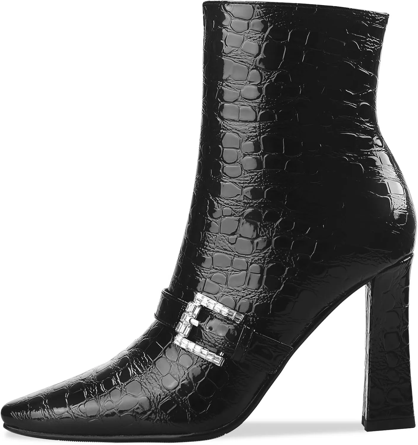 Ankle Boots Chunky High Heel Black Booties Closed Square Toe Short Boot with Side Zipper 4 Inches Heel Crocodile Pattern for Women Ladies Sexy