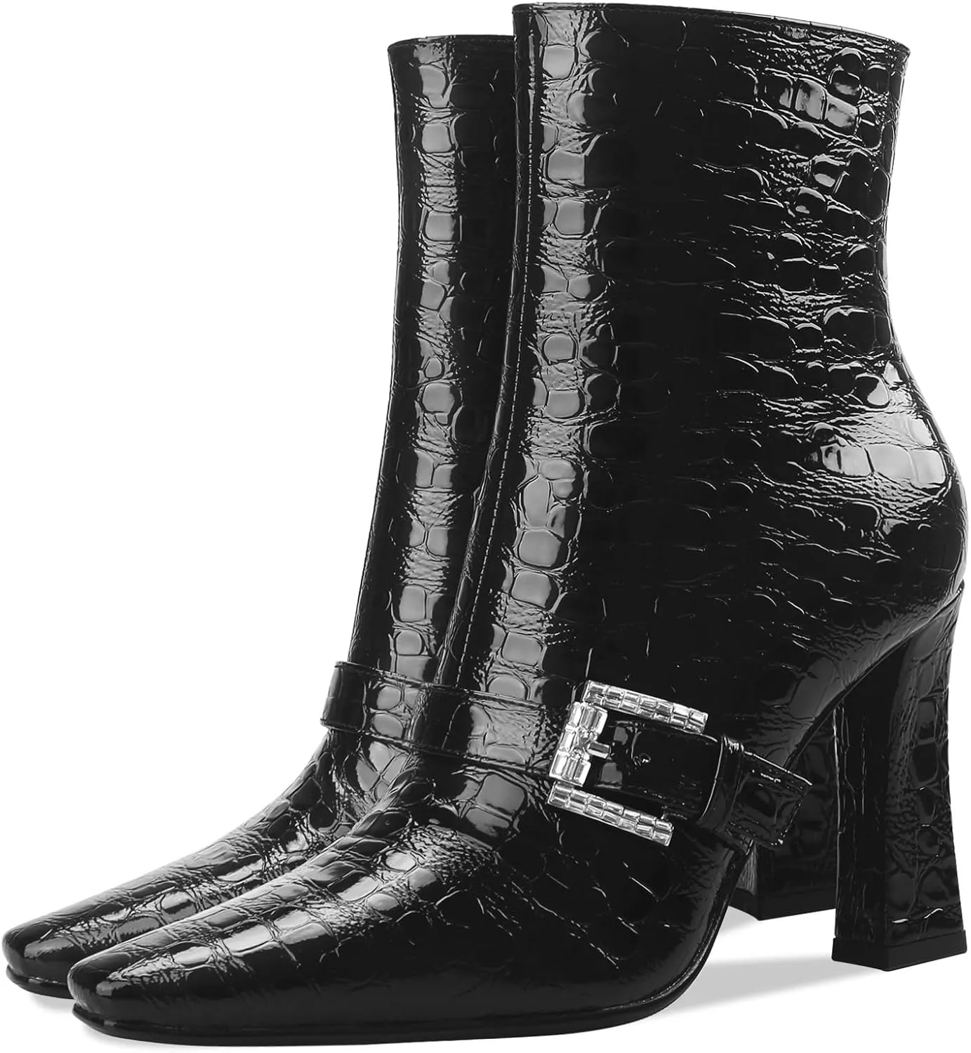 Ankle Boots Chunky High Heel Black Booties Closed Square Toe Short Boot with Side Zipper 4 Inches Heel Crocodile Pattern for Women Ladies Sexy