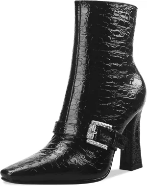 Ankle Boots Chunky High Heel Black Booties Closed Square Toe Short Boot with Side Zipper 4 Inches Heel Crocodile Pattern for Women Ladies Sexy