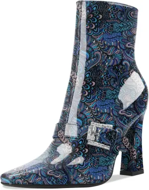 Ankle Boots Chunky High Heel Black Booties Closed Square Toe Short Boot with Side Zipper 4 Inches Heel Crocodile Pattern for Women Ladies Sexy