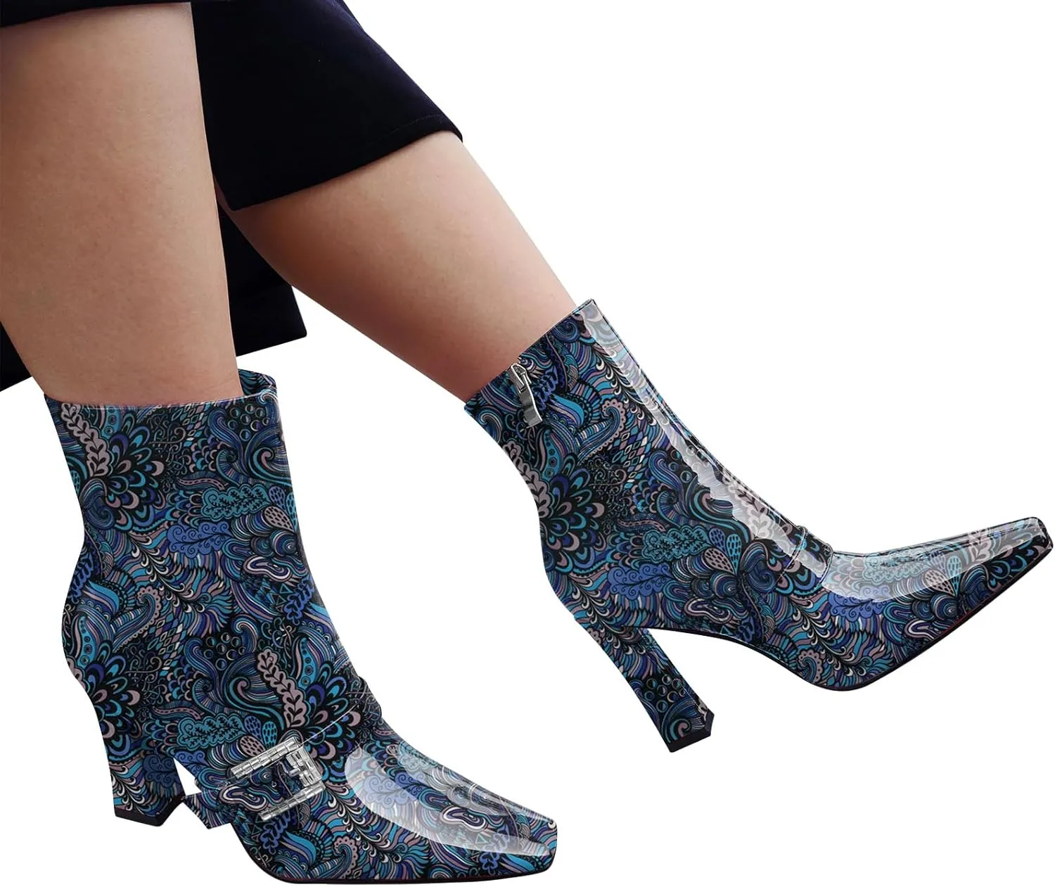 Ankle Boots Chunky High Heel Black Booties Closed Square Toe Short Boot with Side Zipper 4 Inches Heel Crocodile Pattern for Women Ladies Sexy