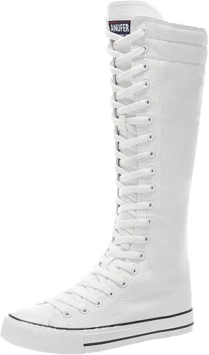 ANUFER Women Fashion Canvas Dance Boots Knee High Bicycling Boots Girls Fancy School Shoes
