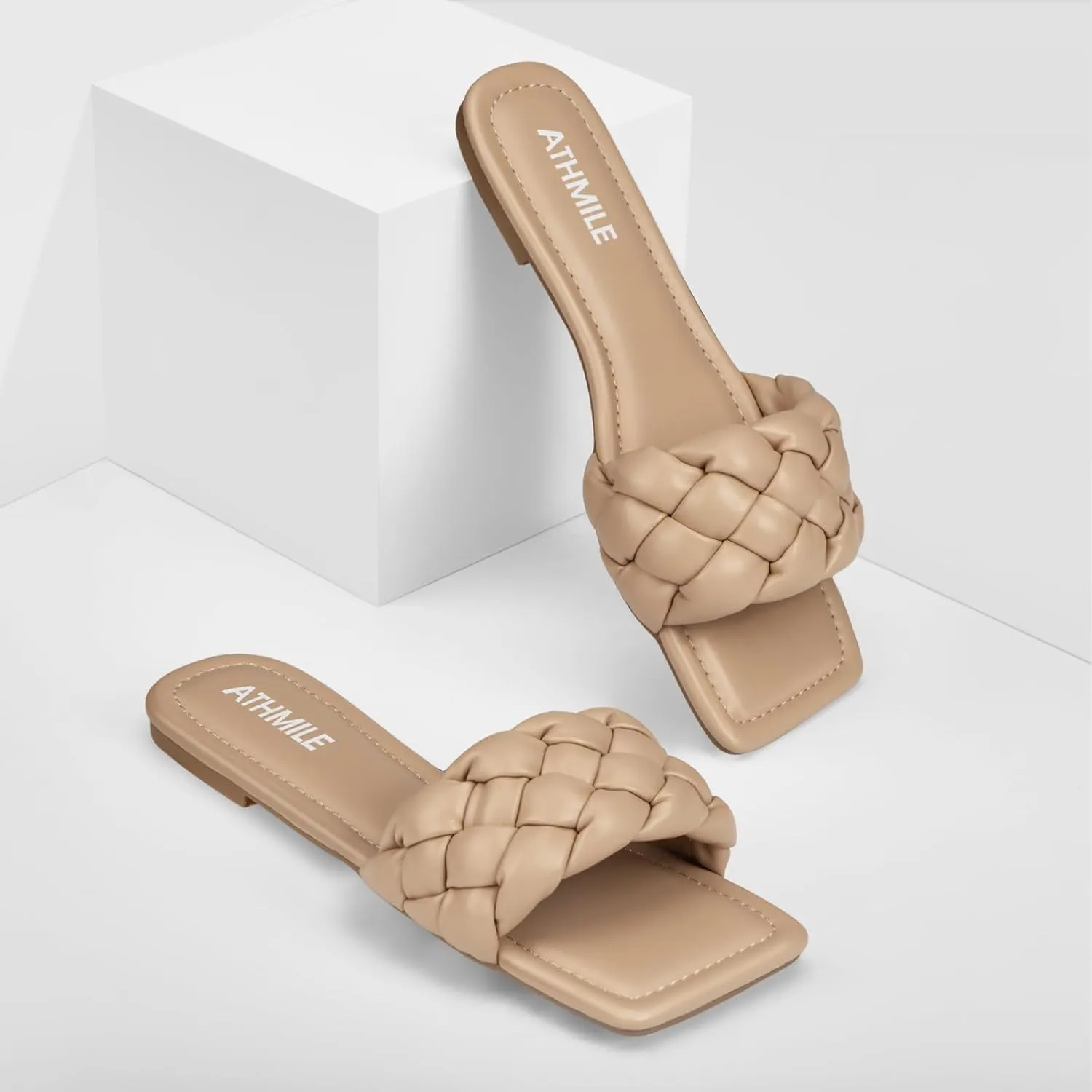 ATHMILE Braided Womens Sandals Square Open Toe Fashion Slide Sandals Women Dressy Summer Flat Beach 2025 Size 6-11