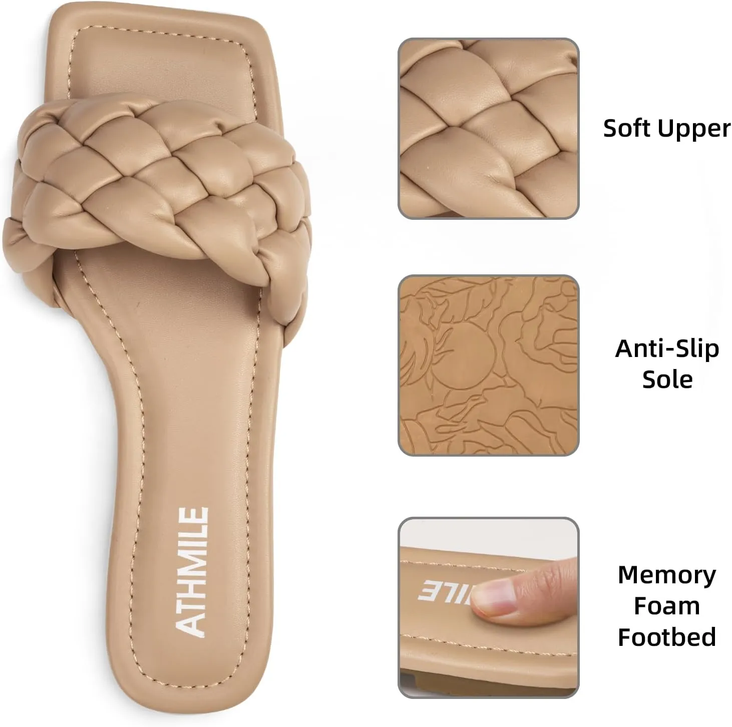ATHMILE Braided Womens Sandals Square Open Toe Fashion Slide Sandals Women Dressy Summer Flat Beach 2025 Size 6-11