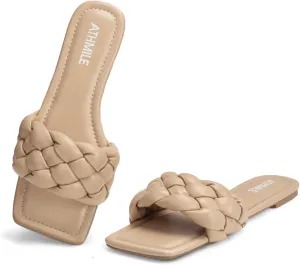 ATHMILE Braided Womens Sandals Square Open Toe Fashion Slide Sandals Women Dressy Summer Flat Beach 2025 Size 6-11