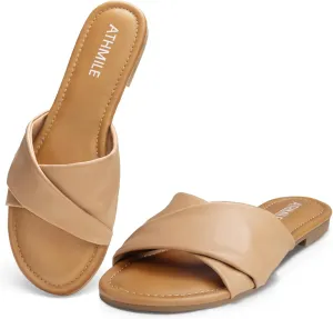 ATHMILE Sandals Women Dressy Summer Flat Comfortable Fashion Beach Cute Ladies Slides Leather Casual Dress Women's Sandals 2025 Size 6-11