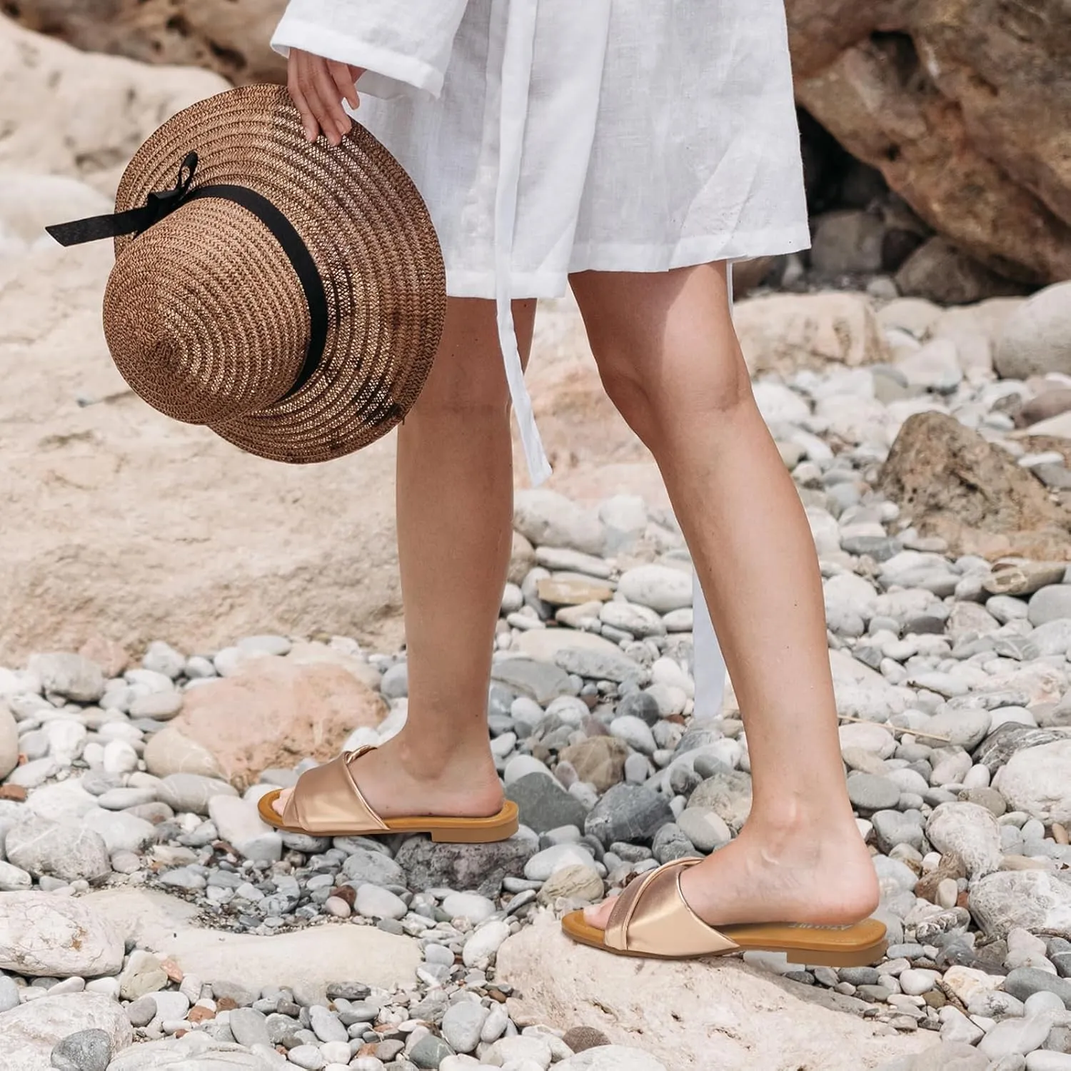 ATHMILE Sandals Women Dressy Summer Flat Comfortable Fashion Beach Cute Ladies Slides Leather Casual Dress Women's Sandals 2025 Size 6-11