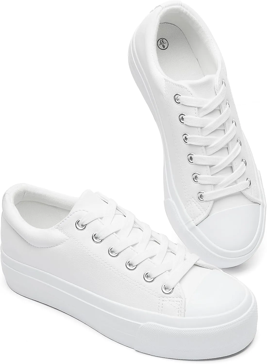 BABUDOG Womens Synthetic Leather Platform Sneakers,White Platform Shoes,Lace-up Tennis Shoes for Women,Comfortable Casual Shoes