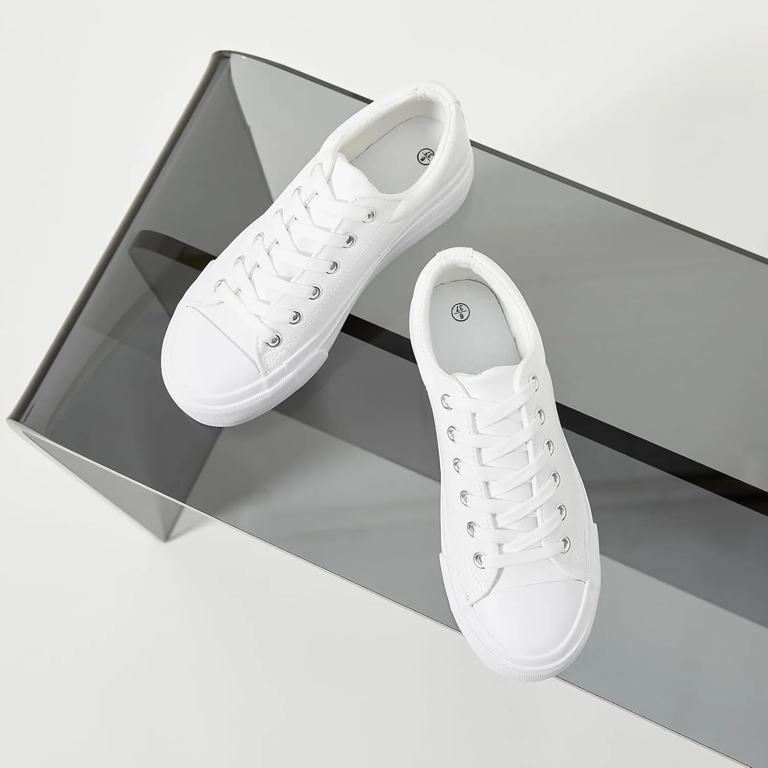 BABUDOG Womens Synthetic Leather Platform Sneakers,White Platform Shoes,Lace-up Tennis Shoes for Women,Comfortable Casual Shoes