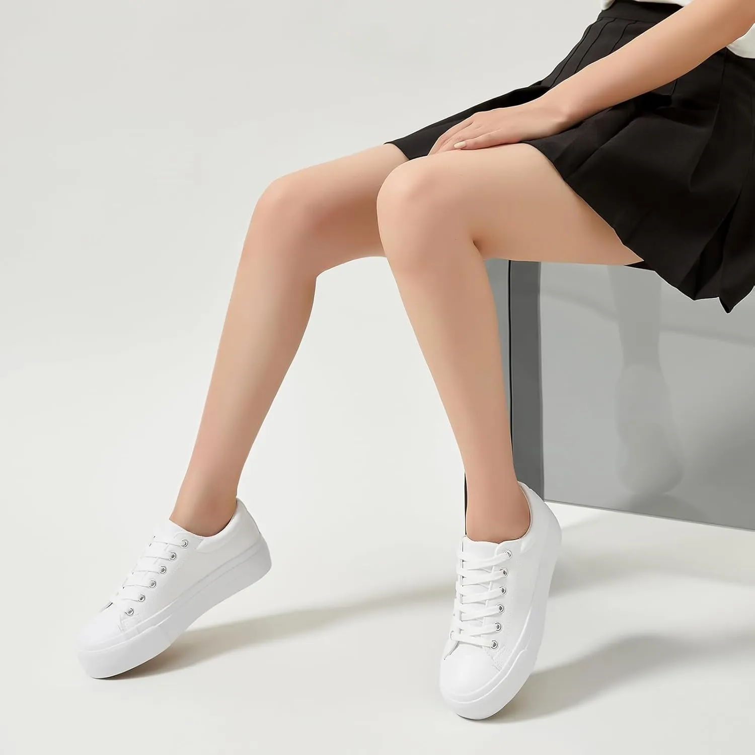 BABUDOG Womens Synthetic Leather Platform Sneakers,White Platform Shoes,Lace-up Tennis Shoes for Women,Comfortable Casual Shoes
