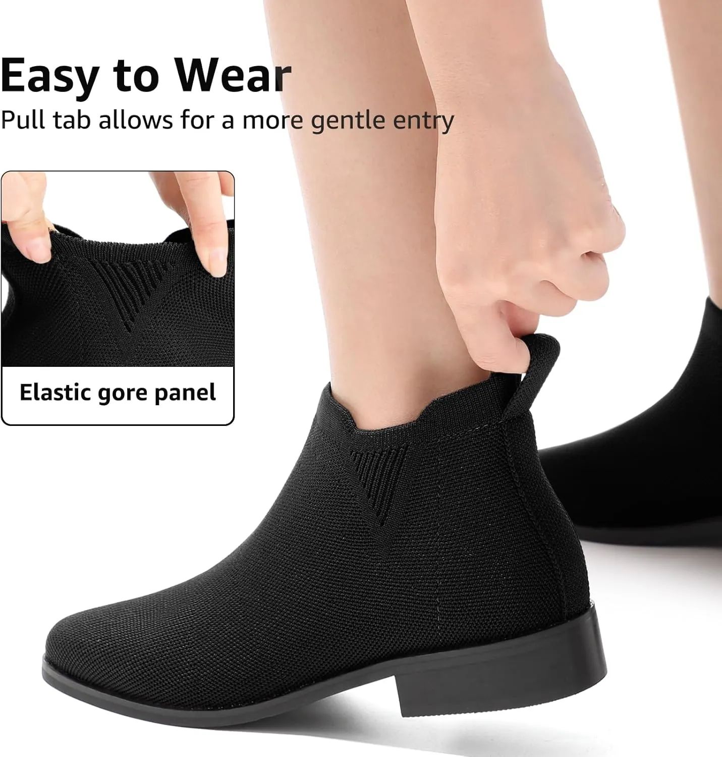 Bacia Sock Ankle Boots for Women Square Toe Slip on Short Chelsea Boots Low Heel Fall Booties