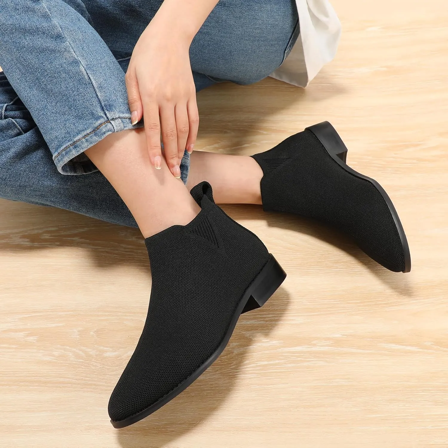 Bacia Sock Ankle Boots for Women Square Toe Slip on Short Chelsea Boots Low Heel Fall Booties