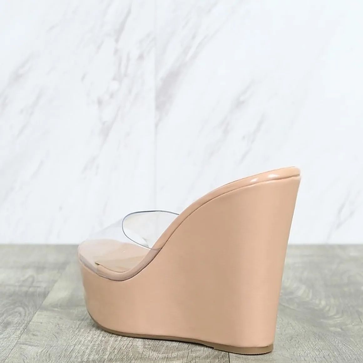 BAMBOO Women's Lucite Clear Wedge Heel Open Toe Slip On Mule Dress Shoe