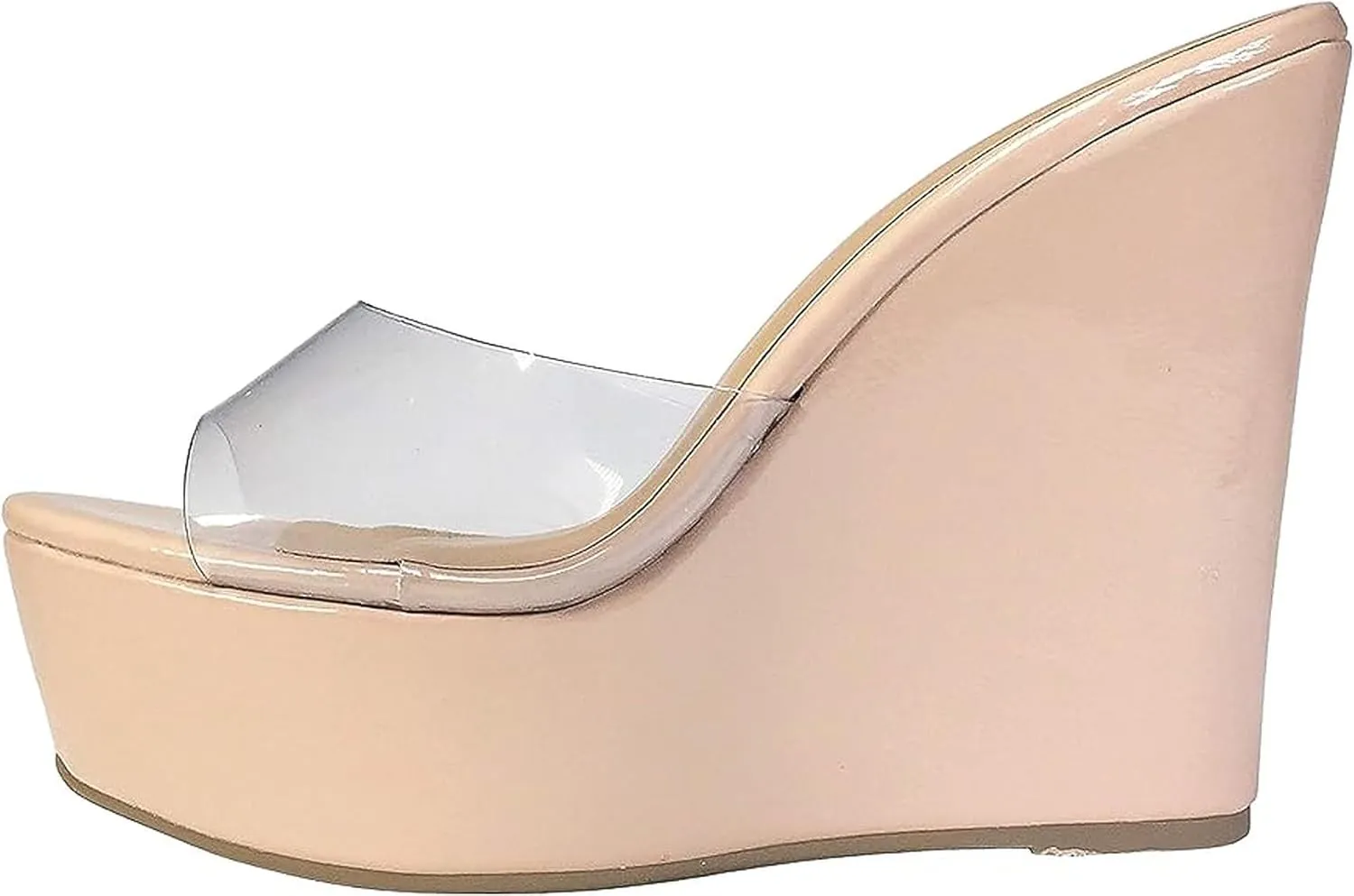 BAMBOO Women's Lucite Clear Wedge Heel Open Toe Slip On Mule Dress Shoe