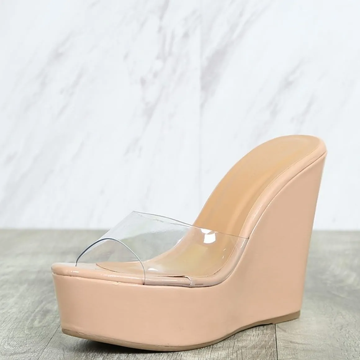 BAMBOO Women's Lucite Clear Wedge Heel Open Toe Slip On Mule Dress Shoe