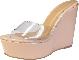 BAMBOO Women's Lucite Clear Wedge Heel Open Toe Slip On Mule Dress Shoe