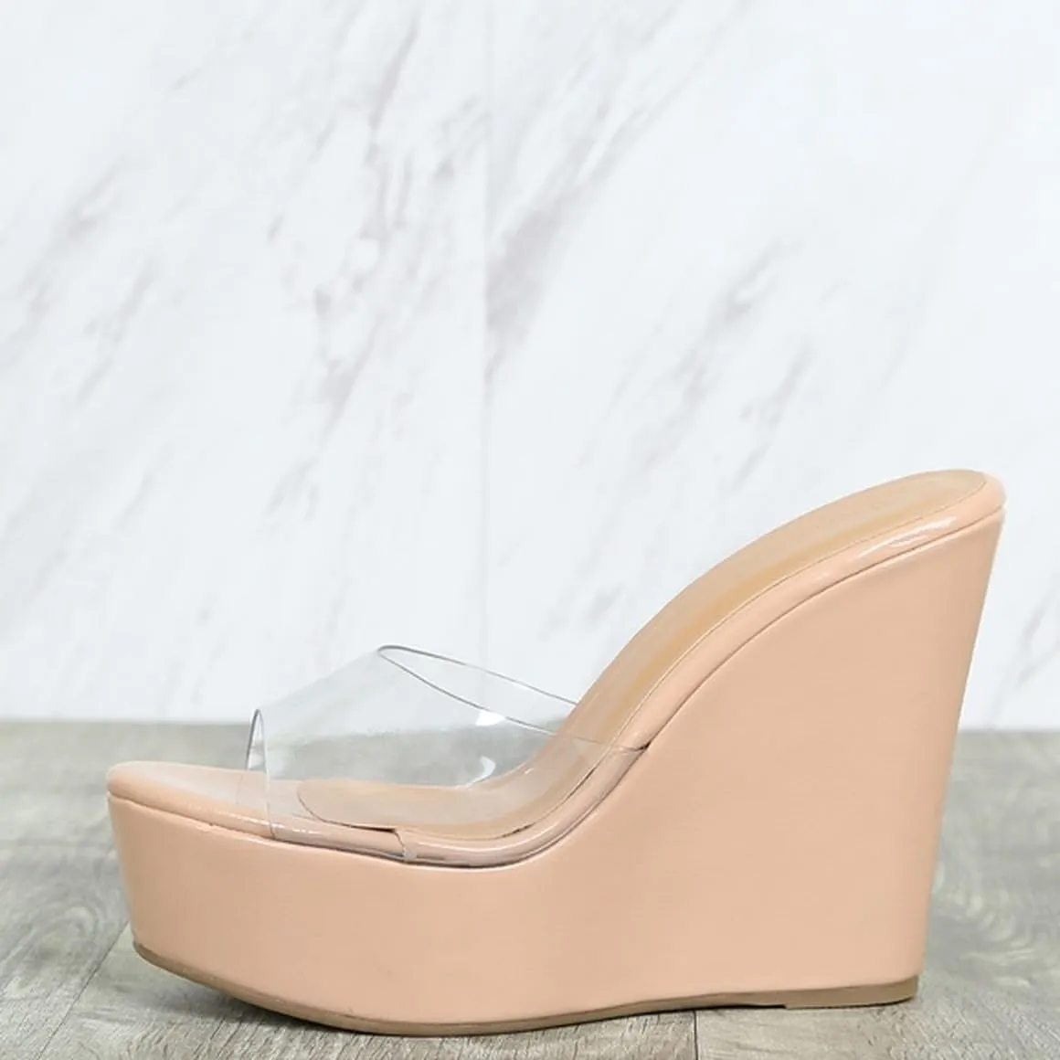 BAMBOO Women's Lucite Clear Wedge Heel Open Toe Slip On Mule Dress Shoe