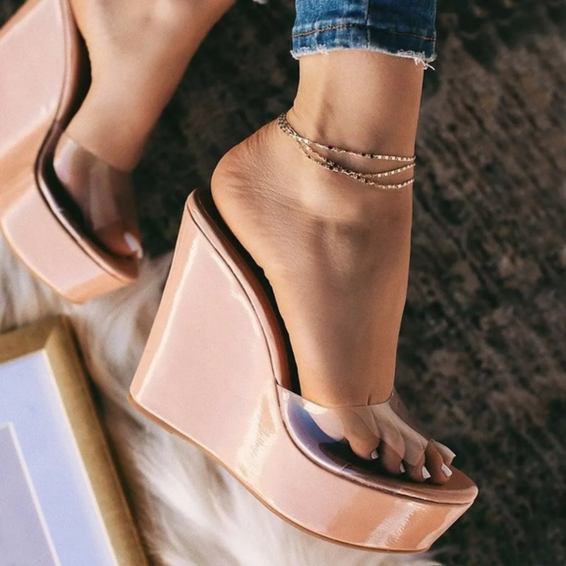 BAMBOO Women's Lucite Clear Wedge Heel Open Toe Slip On Mule Dress Shoe