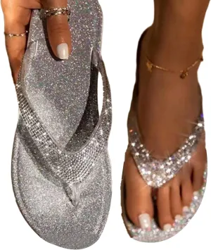 Beach Slippers for Women - Summer Fancy Style Rhinestone-Design Open Toe Herringbone Slippers, Bling-Bling Flat Beach Sandals Flip Flops