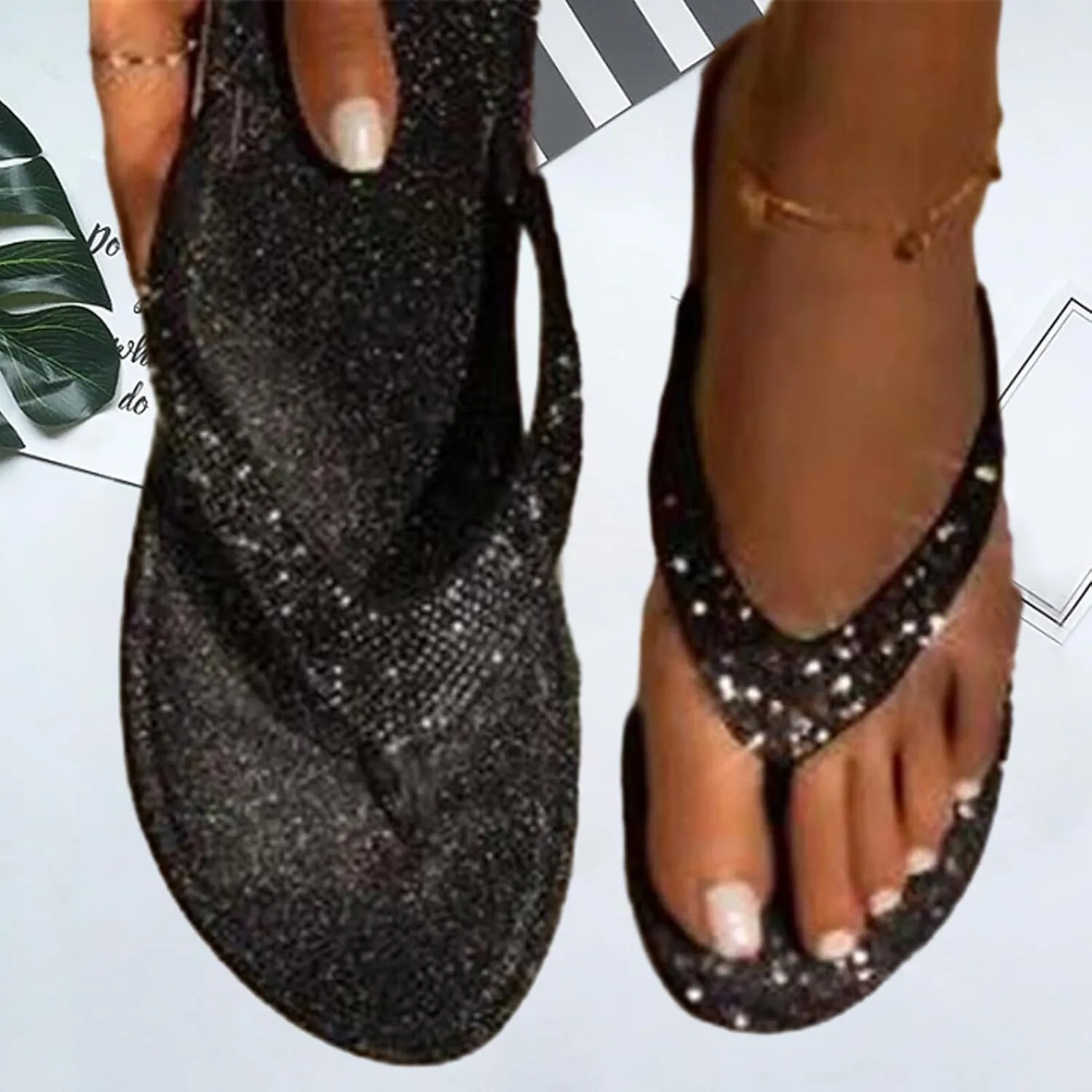 Beach Slippers for Women - Summer Fancy Style Rhinestone-Design Open Toe Herringbone Slippers, Bling-Bling Flat Beach Sandals Flip Flops