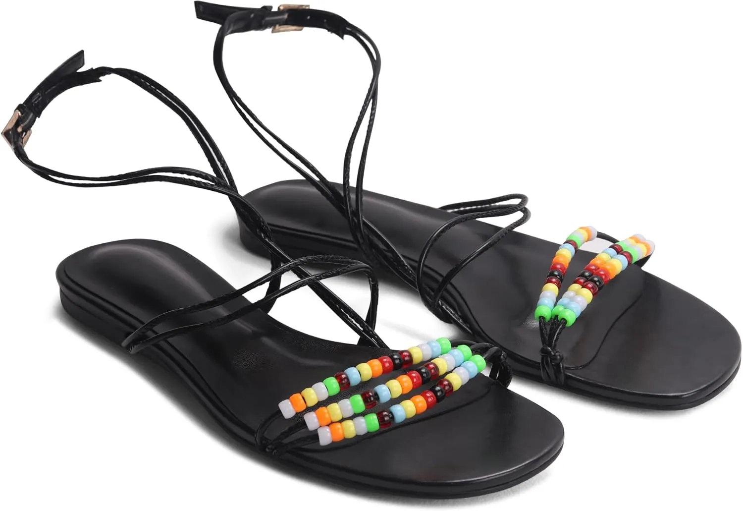 Beaded Flat Sandals for Women Ankle Strap Open Toe Slide Sandals Lace up Casual Summer Dressy Beach Sandals
