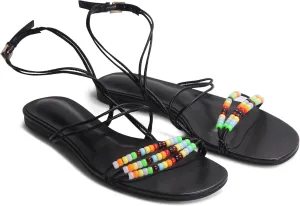 Beaded Flat Sandals for Women Ankle Strap Open Toe Slide Sandals Lace up Casual Summer Dressy Beach Sandals