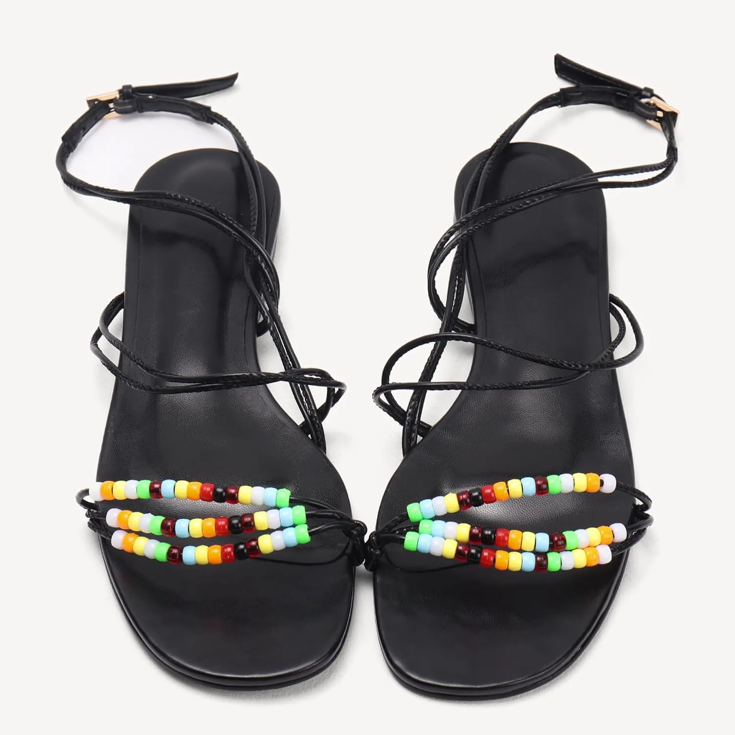 Beaded Flat Sandals for Women Ankle Strap Open Toe Slide Sandals Lace up Casual Summer Dressy Beach Sandals
