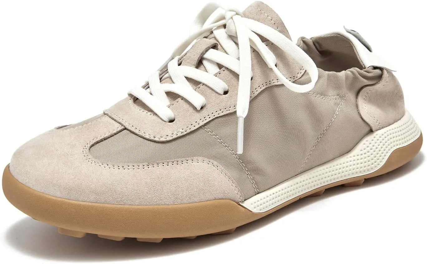 BEAU TODAY Fashion Sneakers Women, Casual Walking Sneakers for Women, Comfortable Non-Slip Lace-Up Womens Leather Flat Shoes Apricot US Size 7