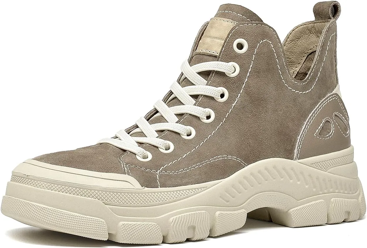 BEAU TODAY Leather High Top Sneakers for Women, Women’s Platform Tennis Shoes Sneakers Boots, Chunky Fashion Lace-up Classic Comfortable Walking Casual Dress Sneakers Khaki US 7