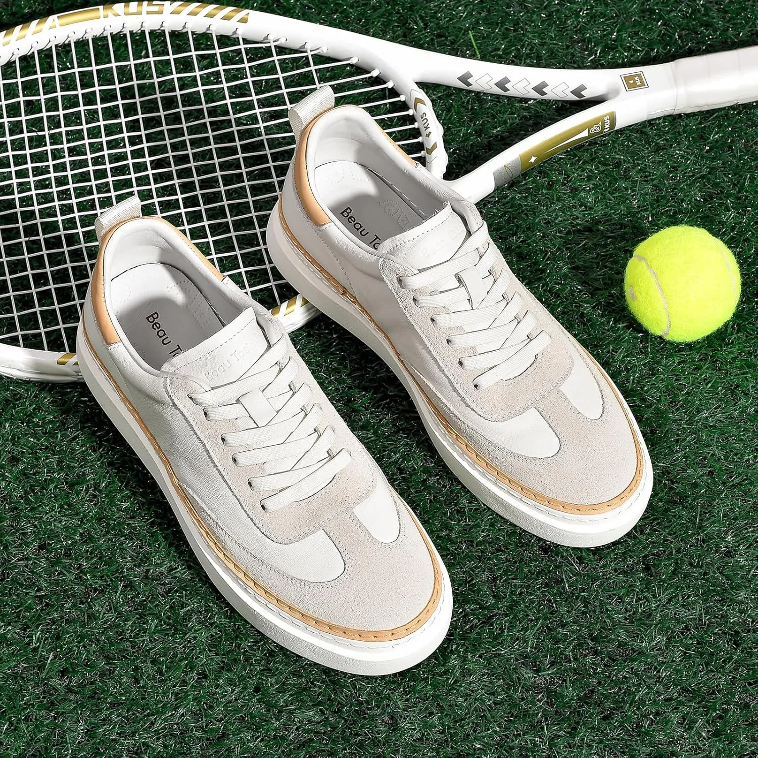 BEAU TODAY Men's Dress Sneakers, Leather Fashion Sneakers for Men Oxfords Classic Handmade Comfortable Lace Up Platform Flat Sneakers Tennis Retro Shoes