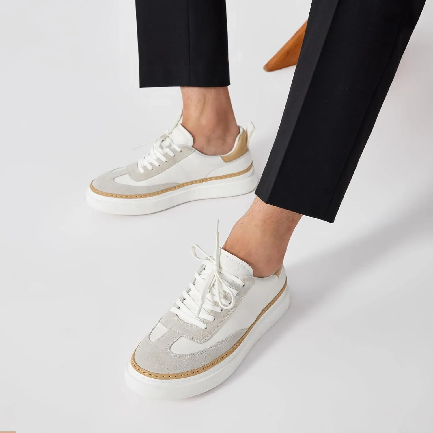 BEAU TODAY Men's Dress Sneakers, Leather Fashion Sneakers for Men Oxfords Classic Handmade Comfortable Lace Up Platform Flat Sneakers Tennis Retro Shoes