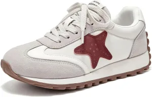 BEAU TODAY Platform Fashion Sneakers for Women, Womens Chunky Leather Sneakers, Comfortable Casual Retro Non-Slip Lace-up Walking Running Gym Shoes Beige-red US 6