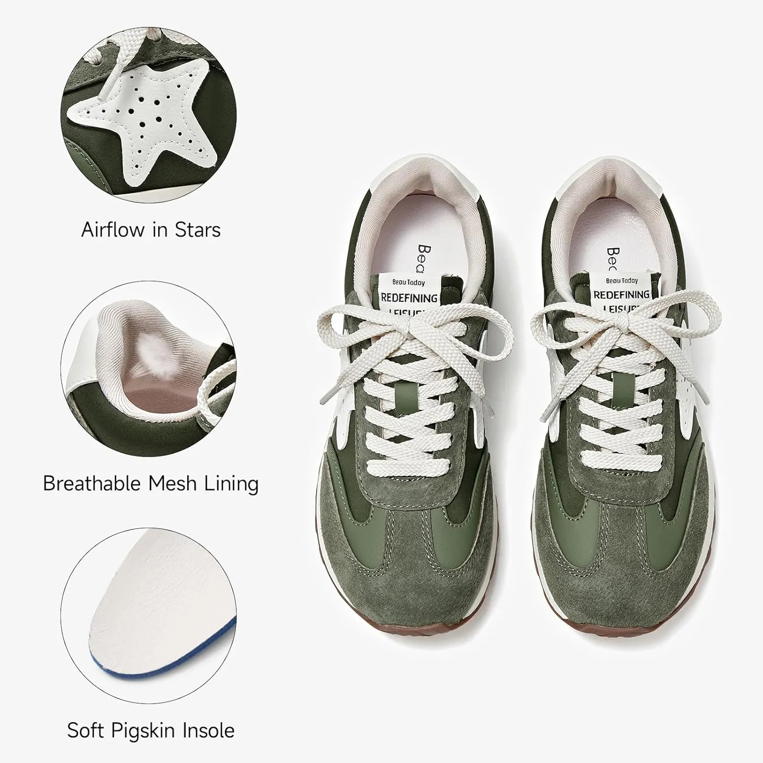 BEAU TODAY Platform Fashion Sneakers for Women, Womens Chunky Leather Sneakers, Comfortable Casual Retro Non-Slip Lace-up Walking Running Gym Shoes