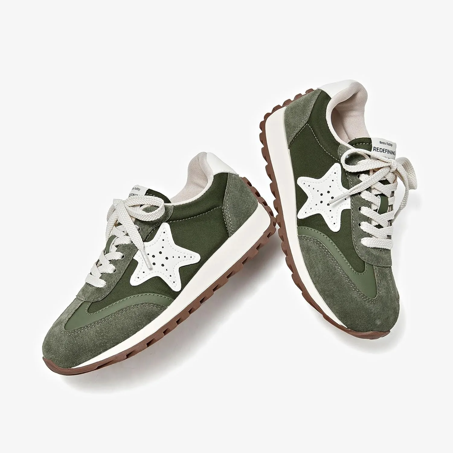 BEAU TODAY Platform Fashion Sneakers for Women, Womens Chunky Leather Sneakers, Comfortable Casual Retro Non-Slip Lace-up Walking Running Gym Shoes