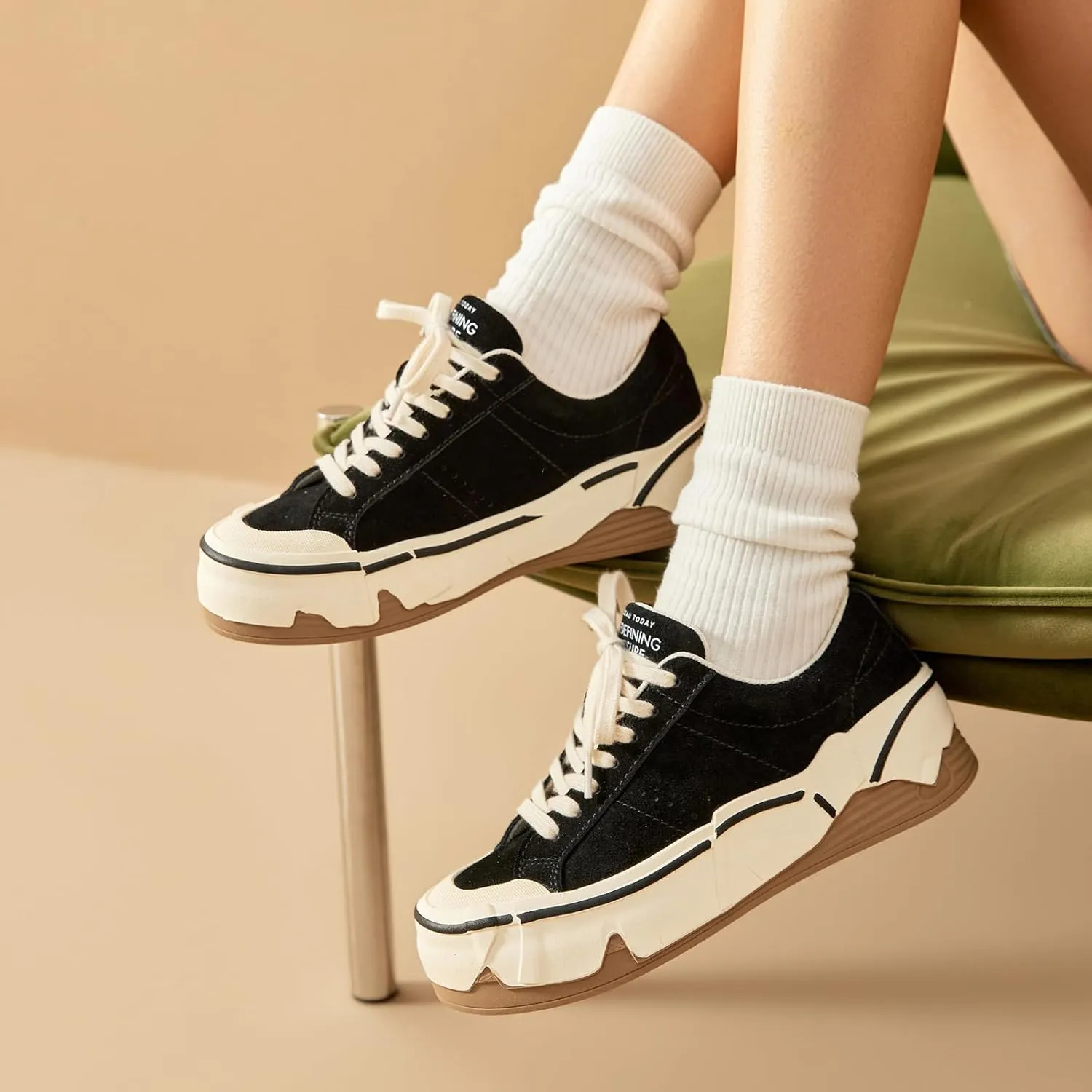 BEAU TODAY Platform Sneakers for Women, Womens Fashion Sneakers, Lace Up Casual Leather Sneakers, Breathable Comfort Walking Shoes