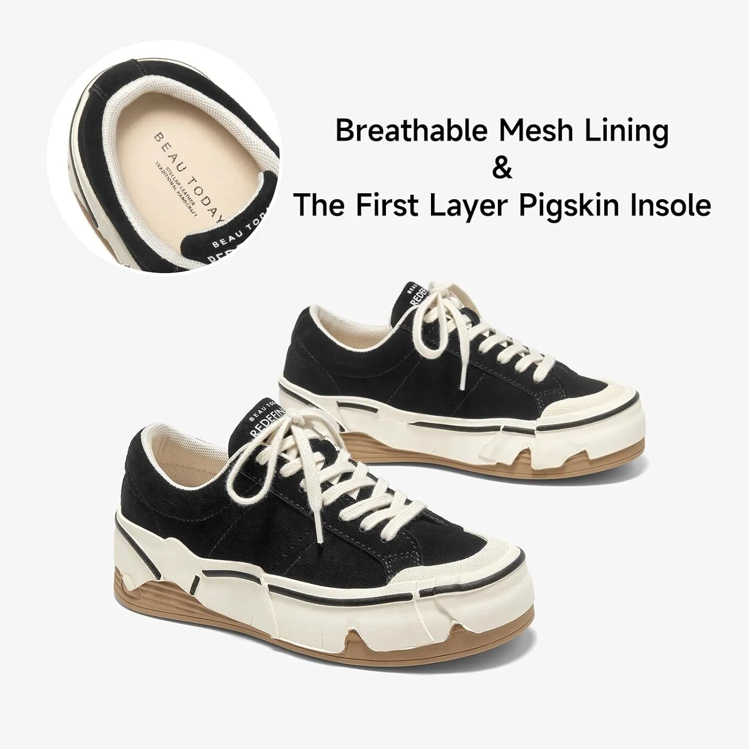 BEAU TODAY Platform Sneakers for Women, Womens Fashion Sneakers, Lace Up Casual Leather Sneakers, Breathable Comfort Walking Shoes
