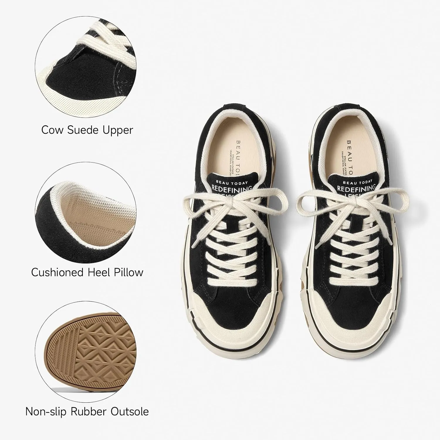 BEAU TODAY Platform Sneakers for Women, Womens Fashion Sneakers, Lace Up Casual Leather Sneakers, Breathable Comfort Walking Shoes