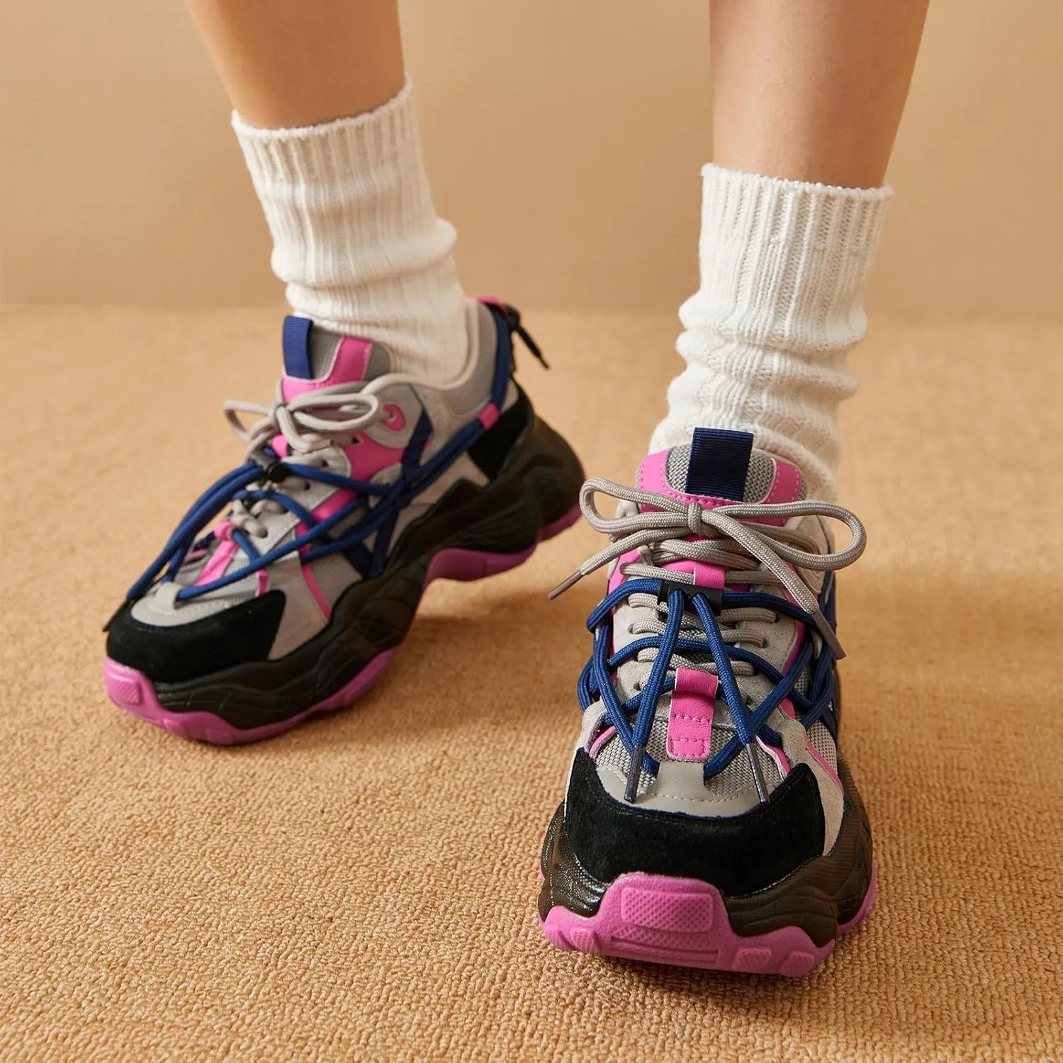 BEAU TODAY Womens Chunky Sneakers,Womens Fashion Sneakers,90s Comfortable Running Dad Shoes,Platform Casual Lace up Non Slip Rave Tennis Walking Shoes