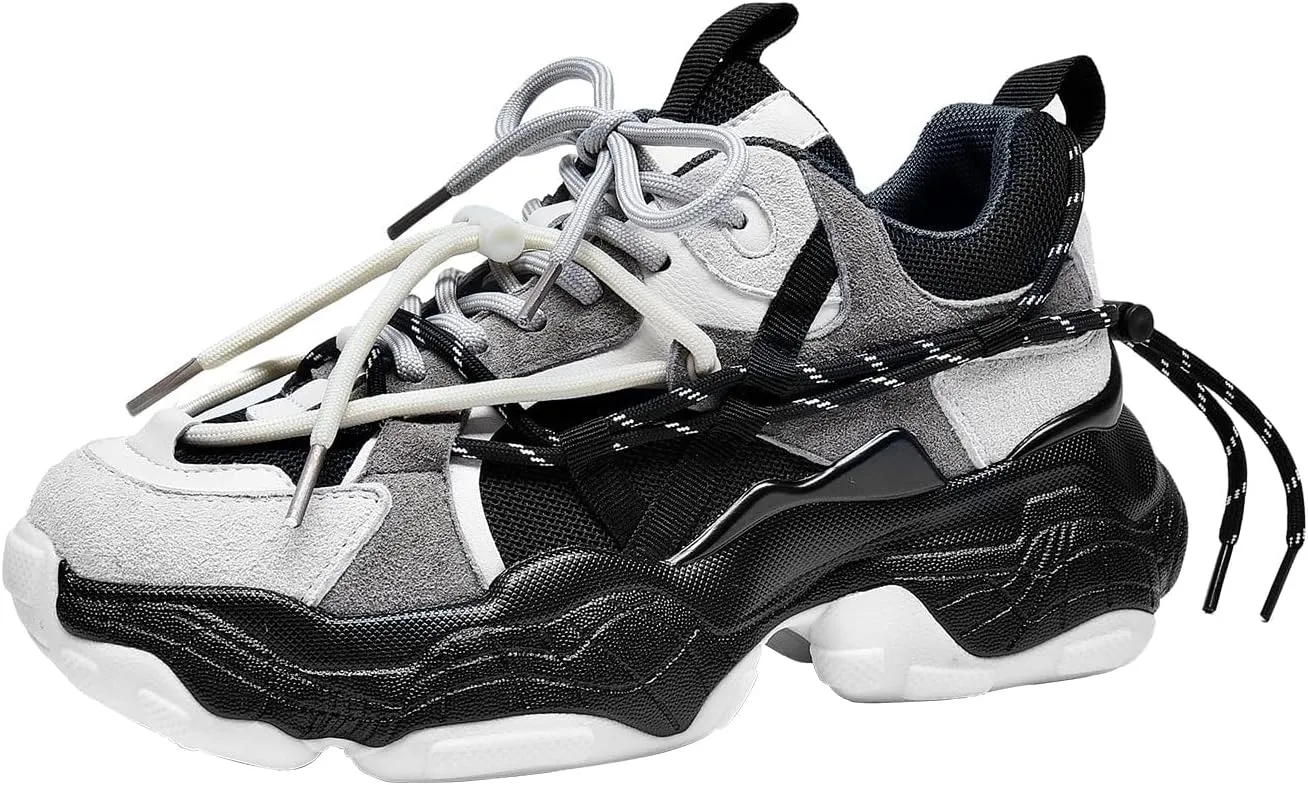 BEAU TODAY Womens Chunky Sneakers,Womens Fashion Sneakers,90s Comfortable Running Dad Shoes,Platform Casual Lace up Non Slip Rave Tennis Walking Shoes
