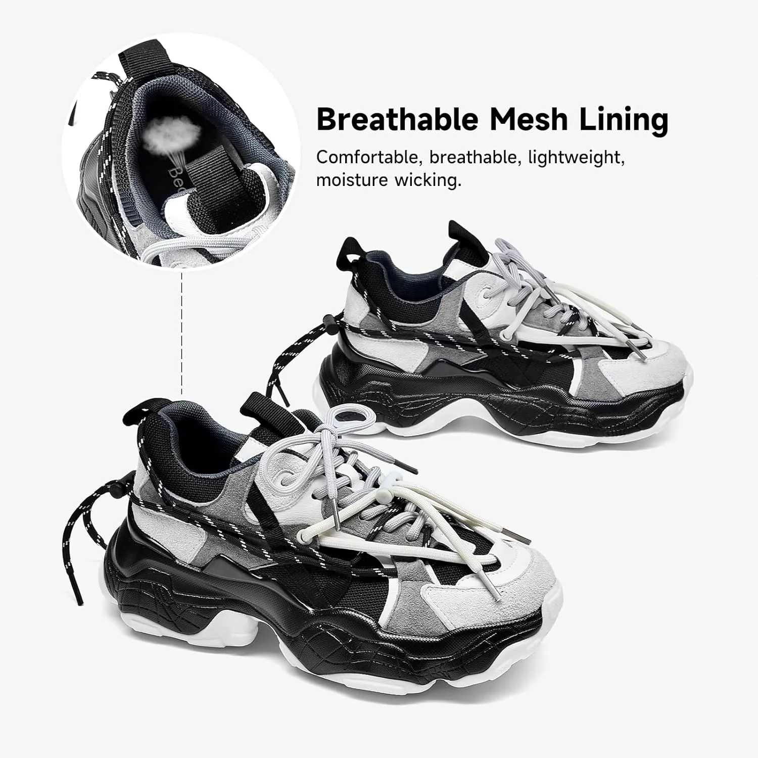BEAU TODAY Womens Chunky Sneakers,Womens Fashion Sneakers,90s Comfortable Running Dad Shoes,Platform Casual Lace up Non Slip Rave Tennis Walking Shoes