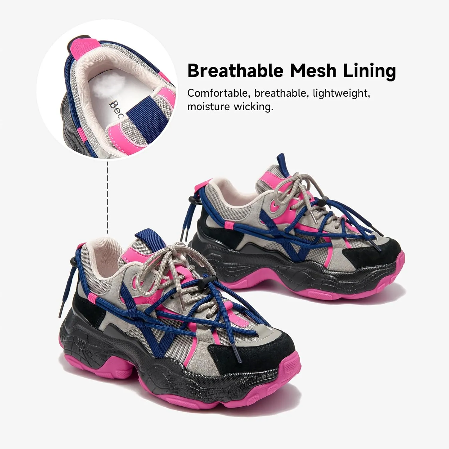 BEAU TODAY Womens Chunky Sneakers,Womens Fashion Sneakers,90s Comfortable Running Dad Shoes,Platform Casual Lace up Non Slip Rave Tennis Walking Shoes