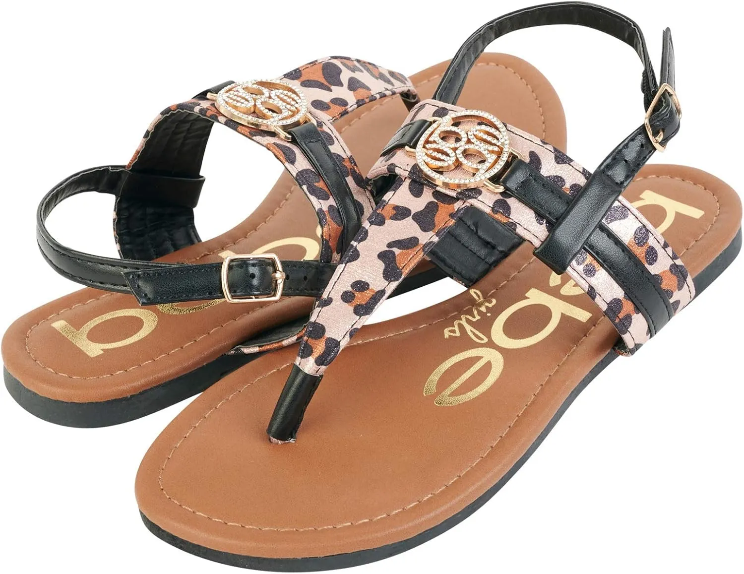 bebe Girls' Sandals - Leopard Print Thong Dress Sandals with Ankle Strap, Open Toe Easter Summer Shoes for Little Girls