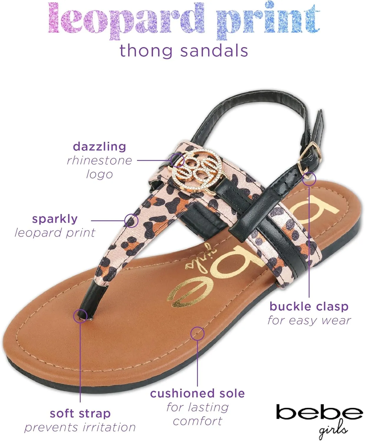 bebe Girls' Sandals - Leopard Print Thong Dress Sandals with Ankle Strap, Open Toe Easter Summer Shoes for Little Girls