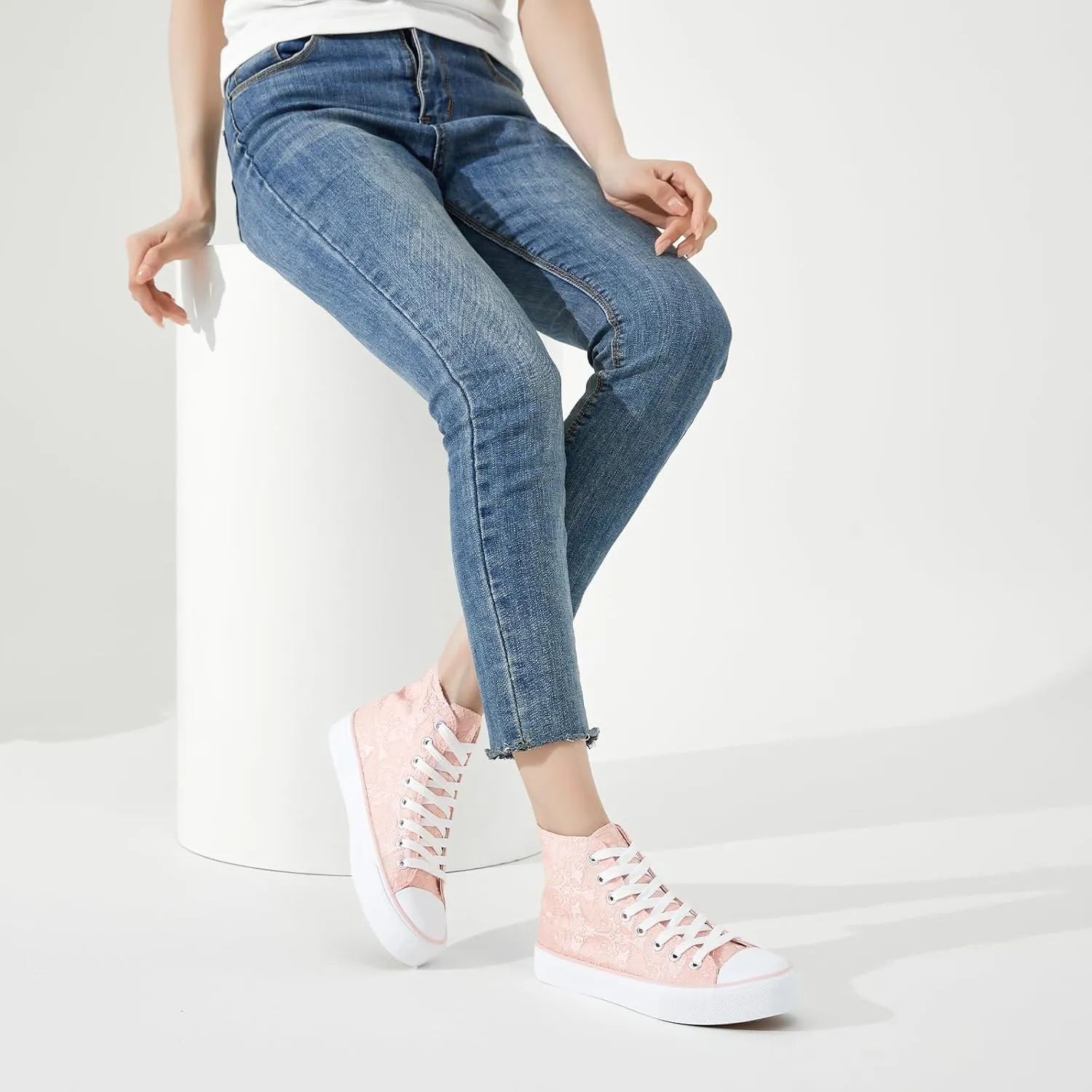 BENPAO Women's High Top Canvas Sneakers, Floral Embroidered Fashion Tennis Shoes - White Breathable Casual Walking Shoes