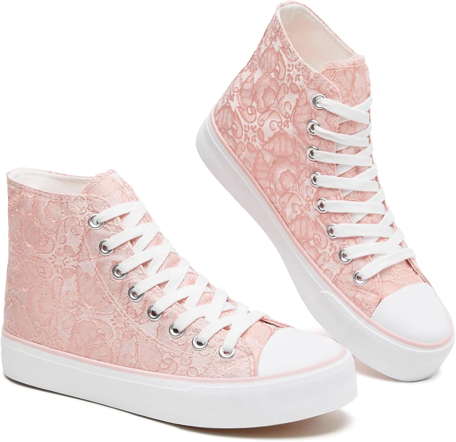 BENPAO Women's High Top Canvas Sneakers, Floral Embroidered Fashion Tennis Shoes - White Breathable Casual Walking Shoes
