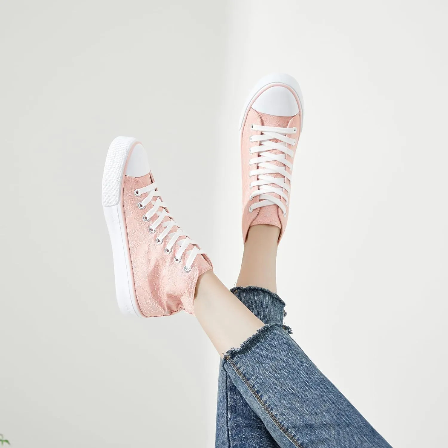 BENPAO Women's High Top Canvas Sneakers, Floral Embroidered Fashion Tennis Shoes - White Breathable Casual Walking Shoes