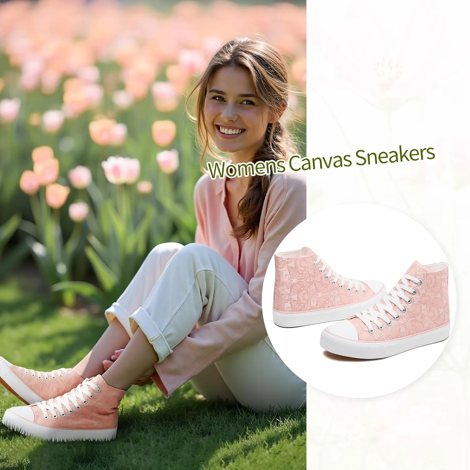 BENPAO Women's High Top Canvas Sneakers, Floral Embroidered Fashion Tennis Shoes - White Breathable Casual Walking Shoes